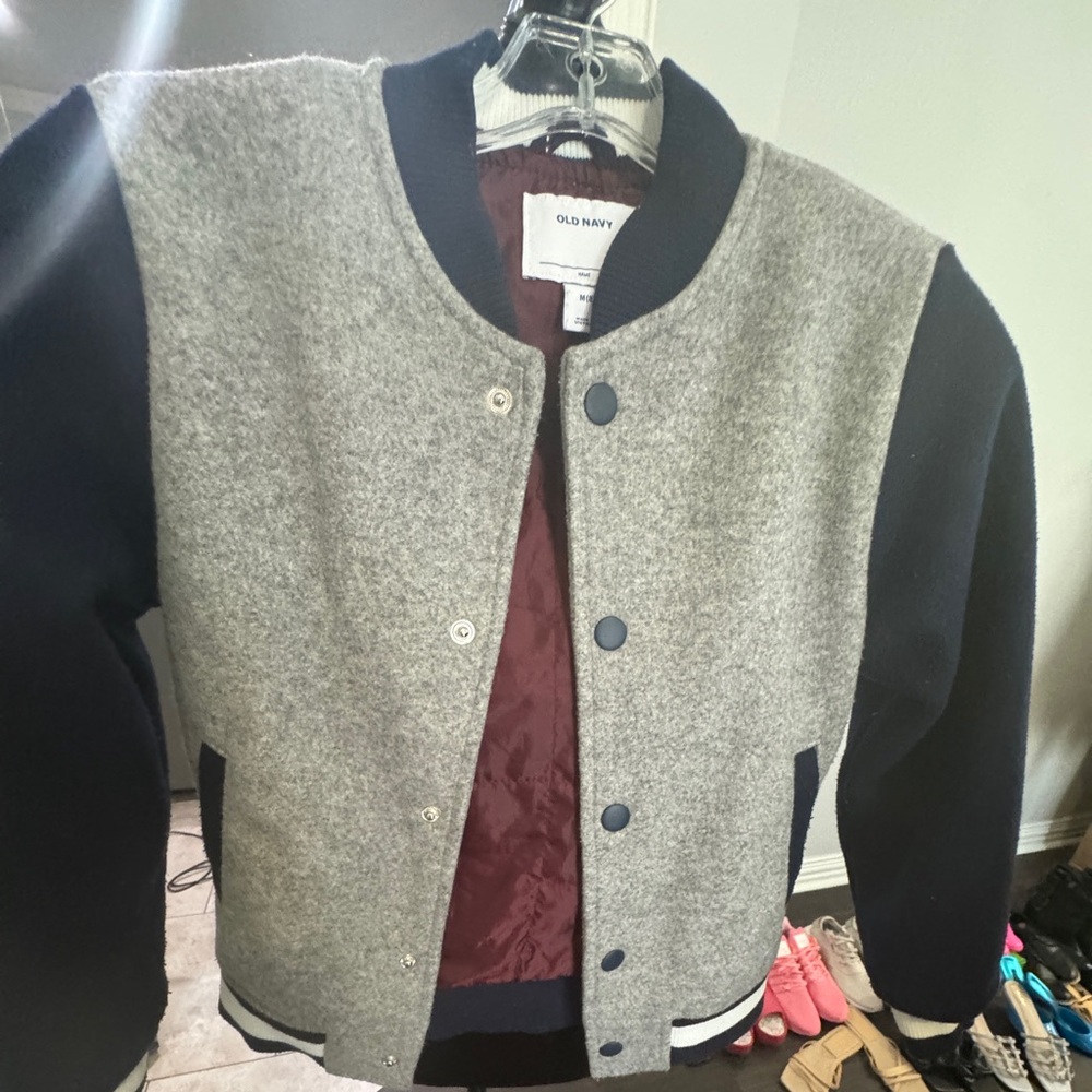Boys wool letterman jacket. Grey/navy blue. Size 8